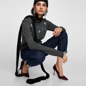 NWT Zara gray bejeweled knit sweater size M